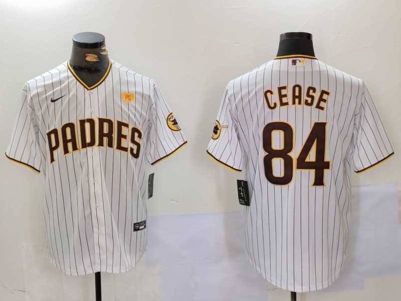 Mens San Diego Padres #84 Dylan Cease White Team Logo With PS Patch Stitched Cool Base Nike Jersey